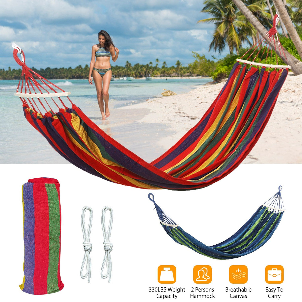 Double Hammock 2 Person Canvas Hanging Hammock Swing Bed with Carrying Bag Hold 330LBS for Camping Travel Beach