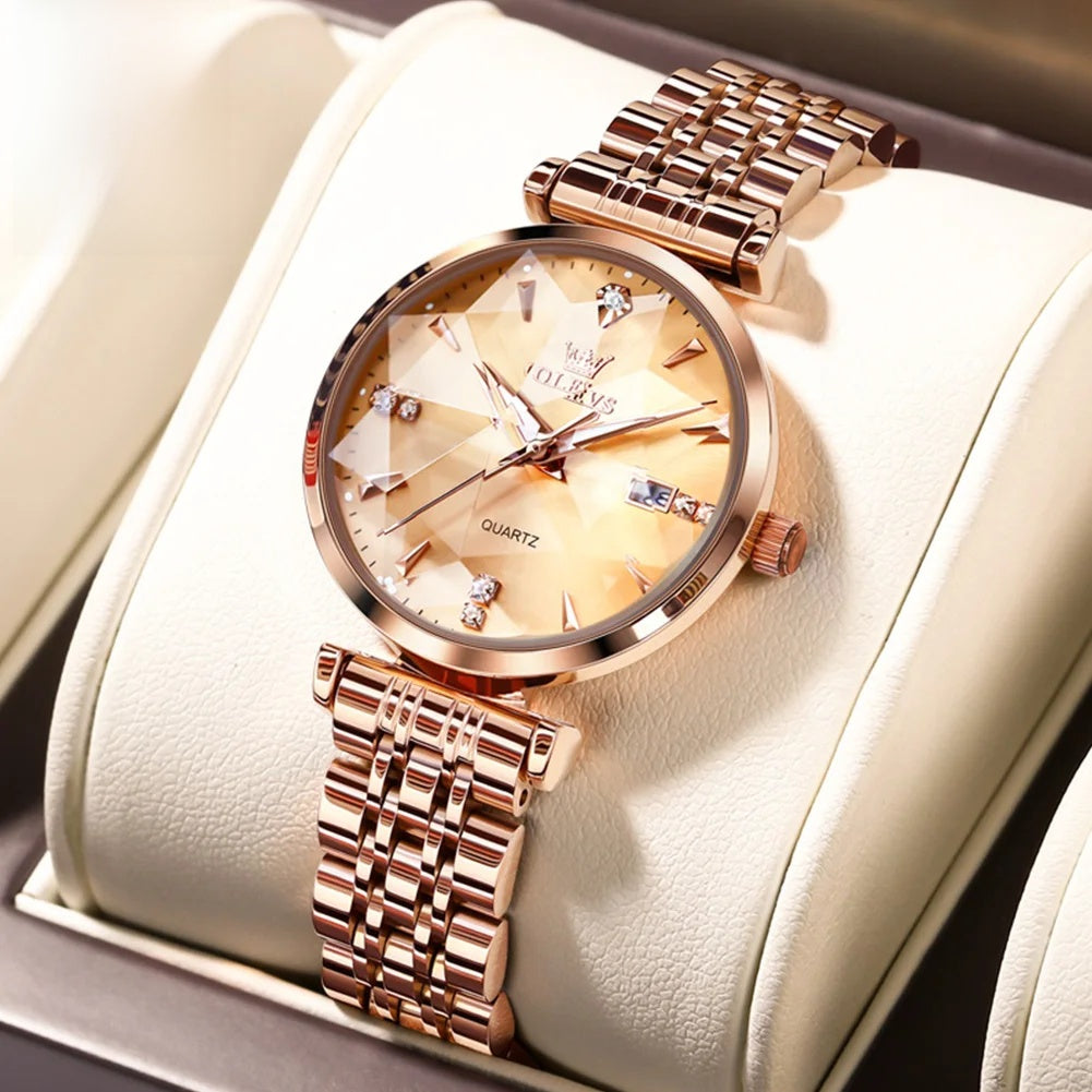 Women's Rose Gold Stainless Steel Watch Blue Dial Zircon