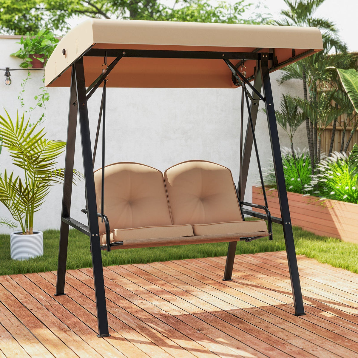 Columpio de Porche para 2 Personas con Soporte Metálico en Forma de A y Toldo Ajustable