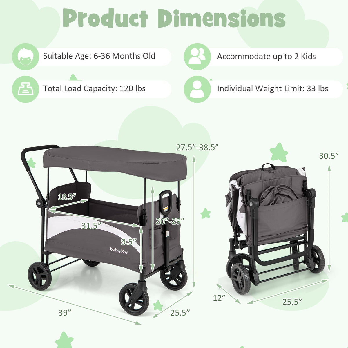2-Seat Stroller Wagon with Adjustable Canopy and Handles