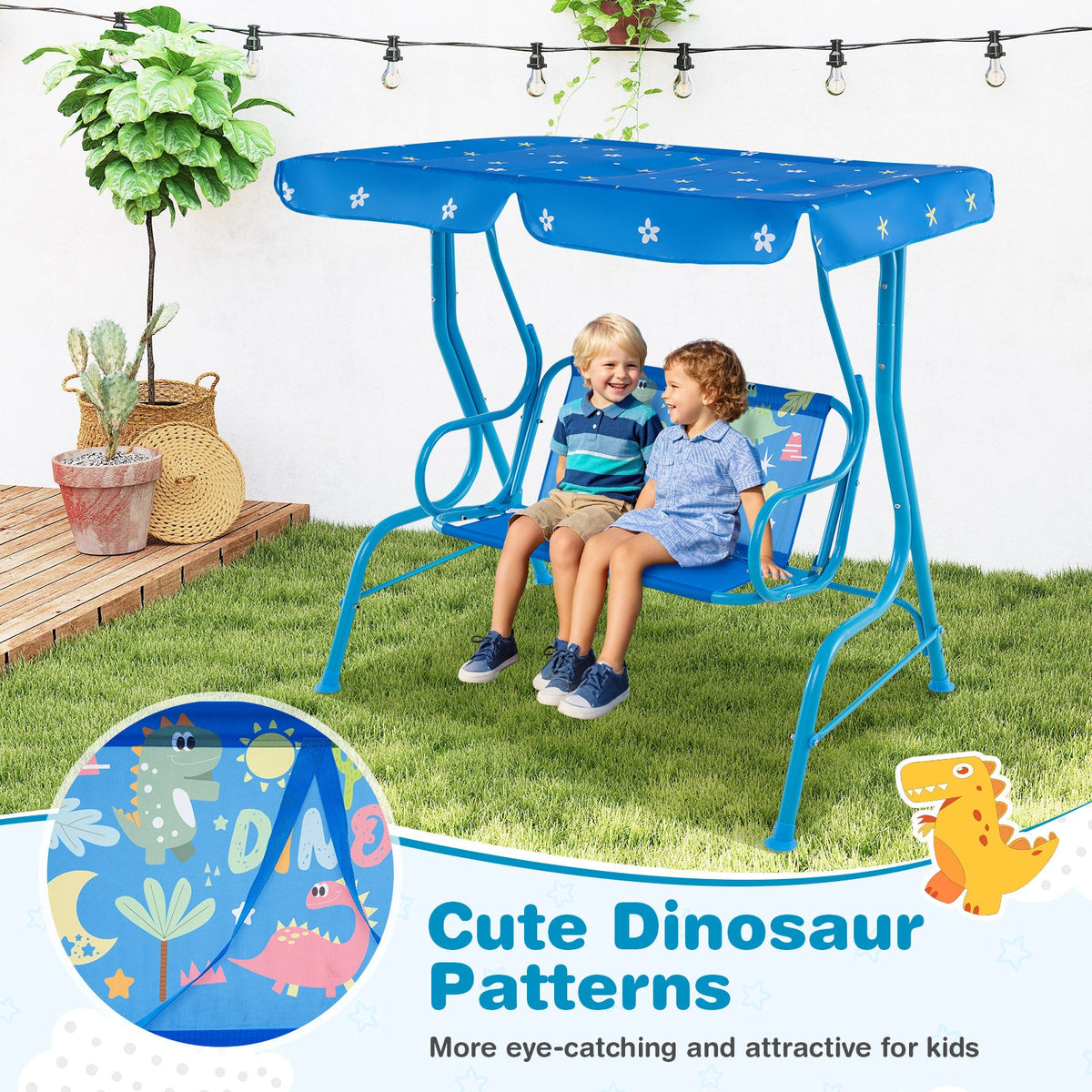 2-Seater Kids Patio Swing with Metal Stand and Adjustable Canopy-Bule