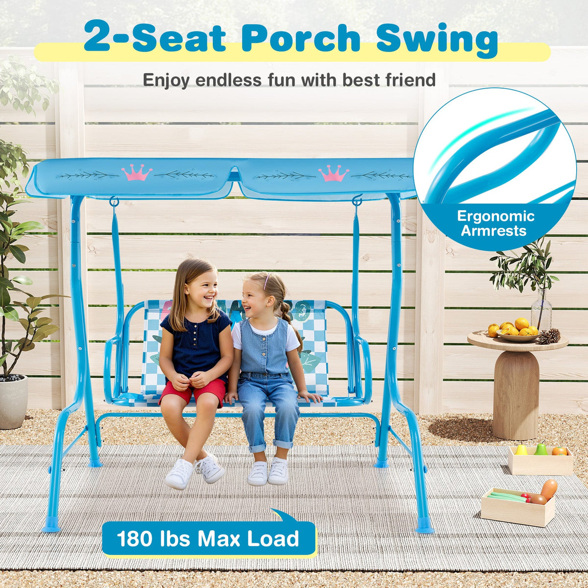 2-Seater Kids Patio Swing with Metal Stand and Adjustable Canopy-Navy