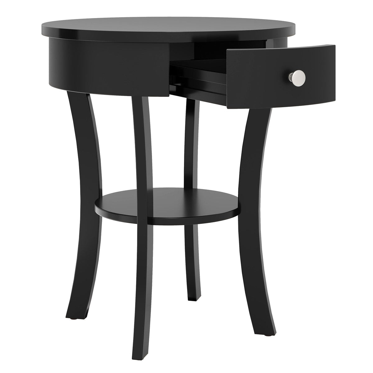 2-Tier Wood Round End Table with Open Drawer-Black