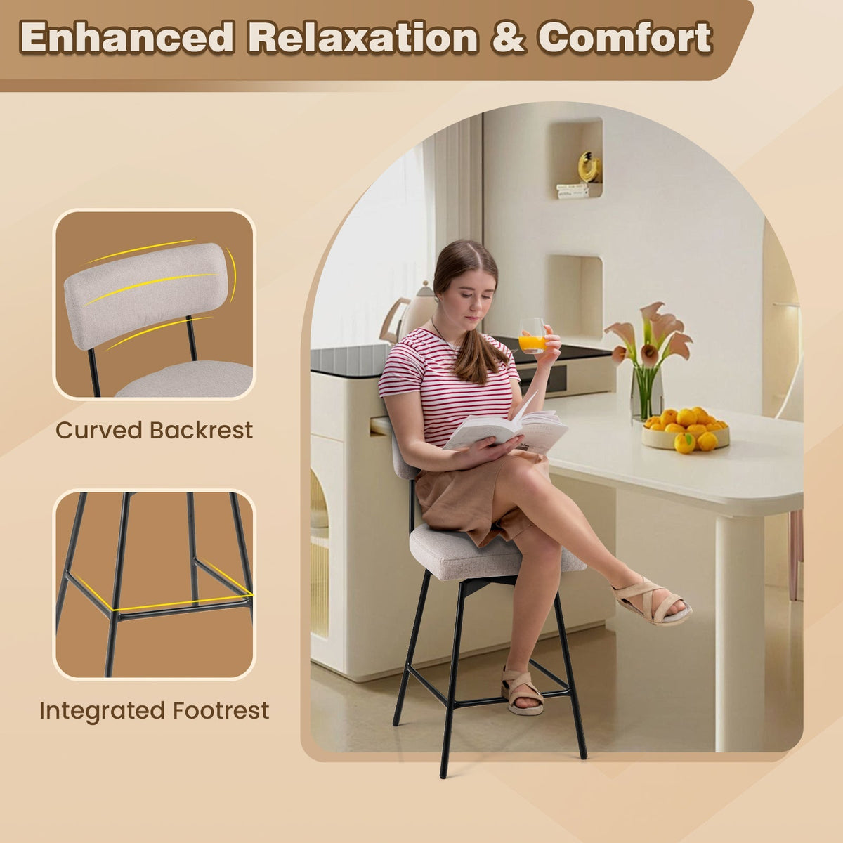 25 Inch 2-Piece Modern Upholstered Bar Stools with Back and Footrests