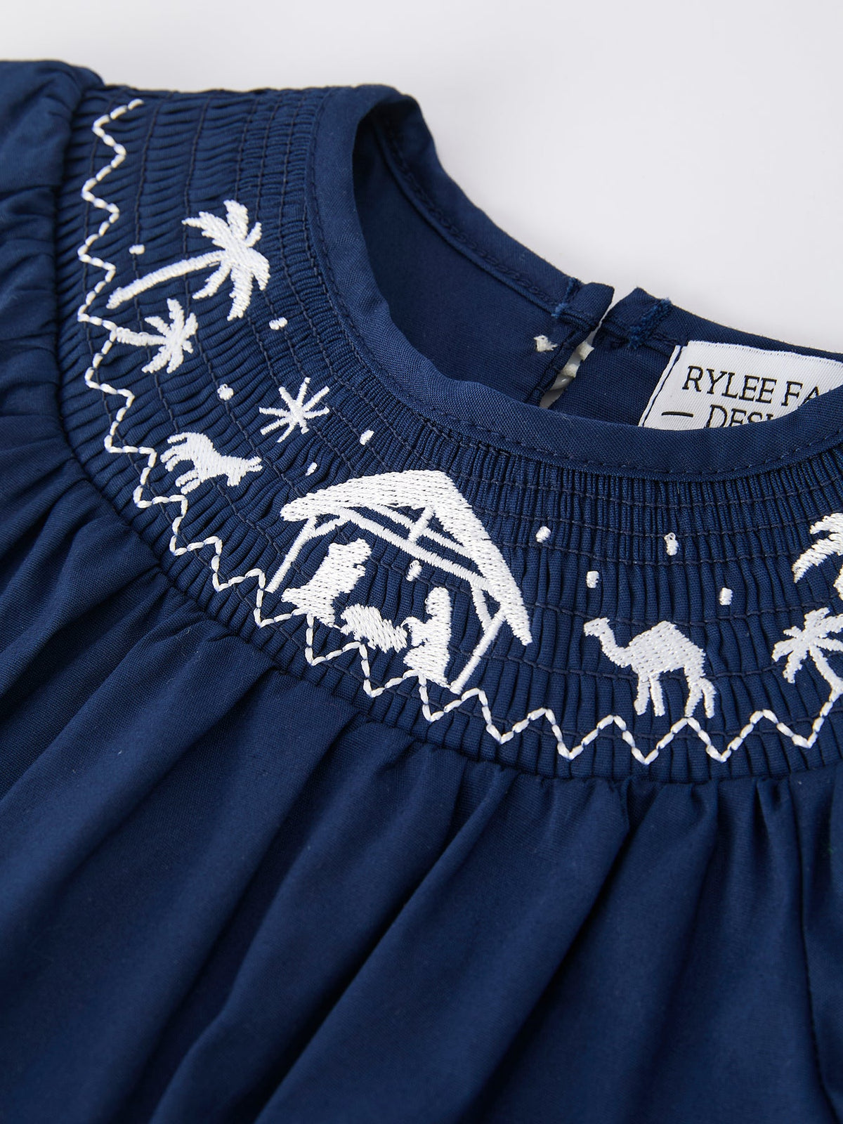 Navy Blue Nativity Smocking Embroidered Baby Girls Christmas Romper