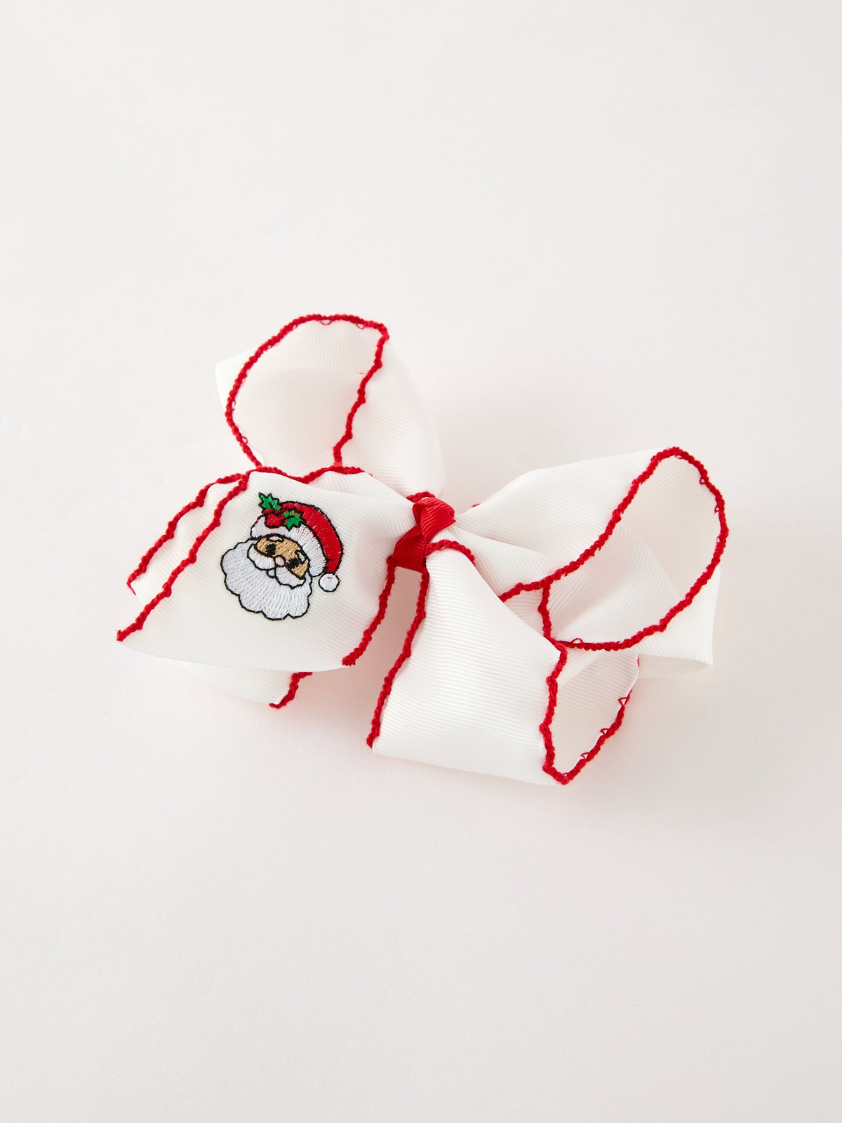 Girls' Christmas Santa Embroidered 6.25" Hair Bow – White/Pink