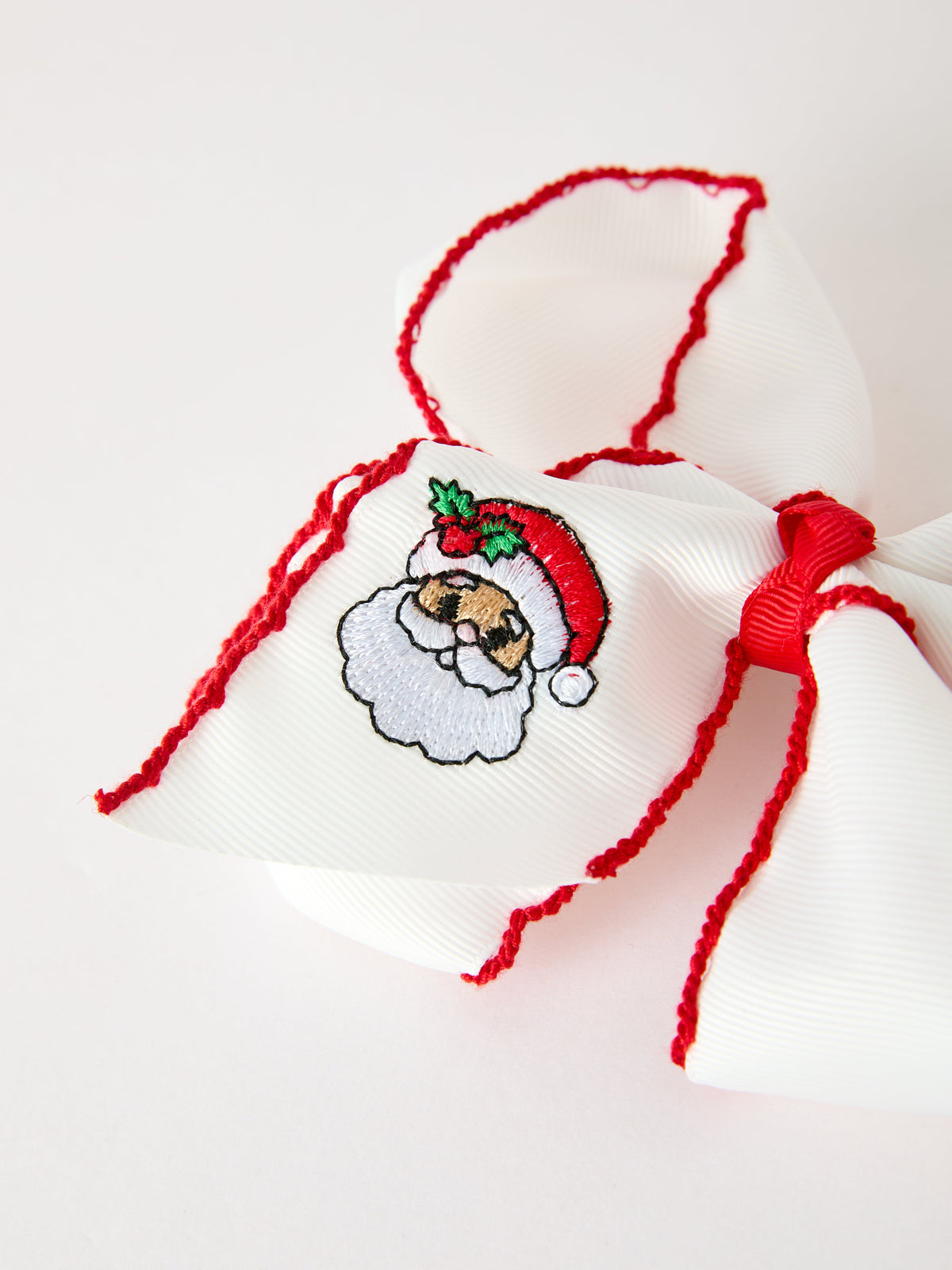 Girls' Christmas Santa Embroidered 6.25" Hair Bow – White/Pink