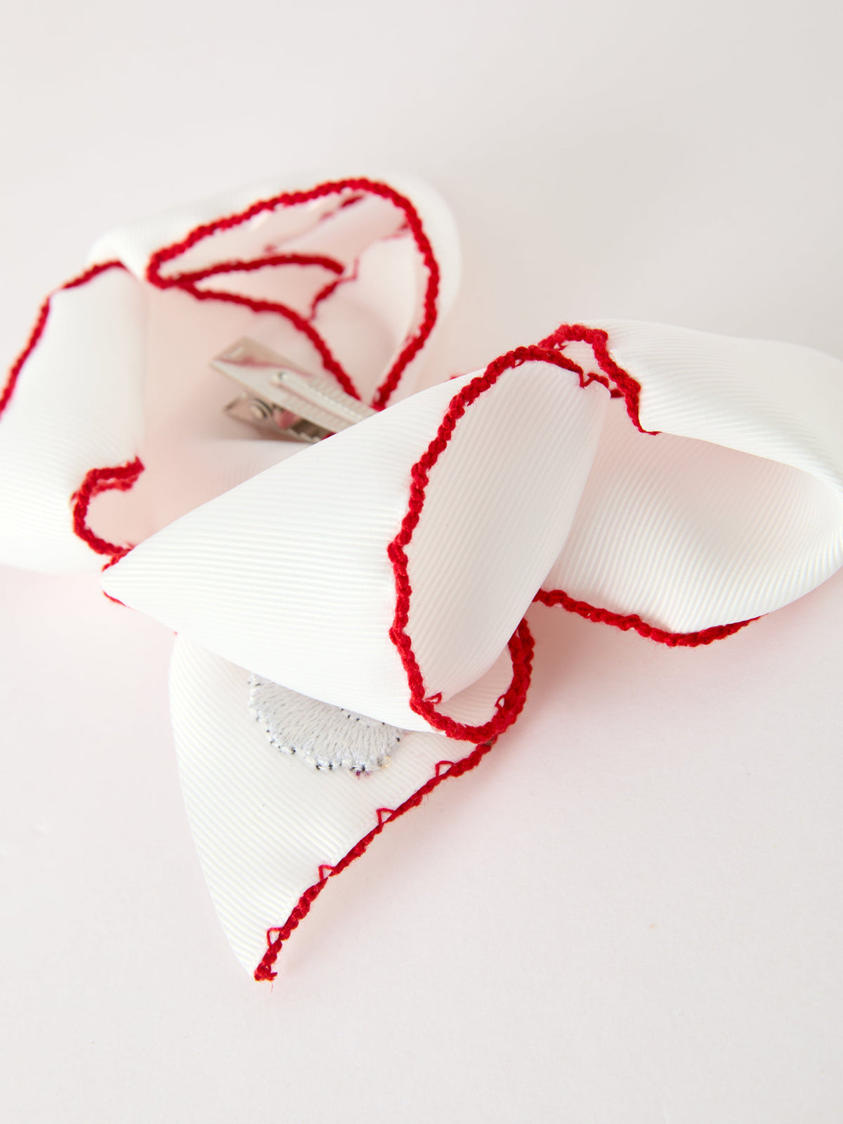 Girls' Christmas Santa Embroidered 6.25" Hair Bow – White/Pink