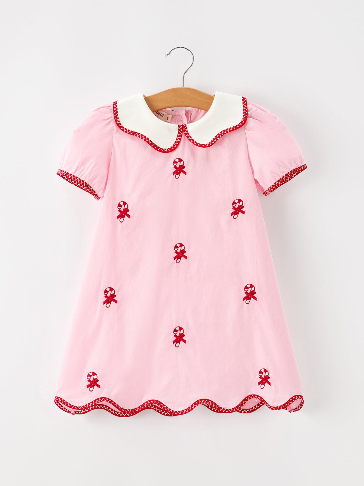 Christmas Girls Pink Candy Cane Embroidered Peter Pan Collar Dress