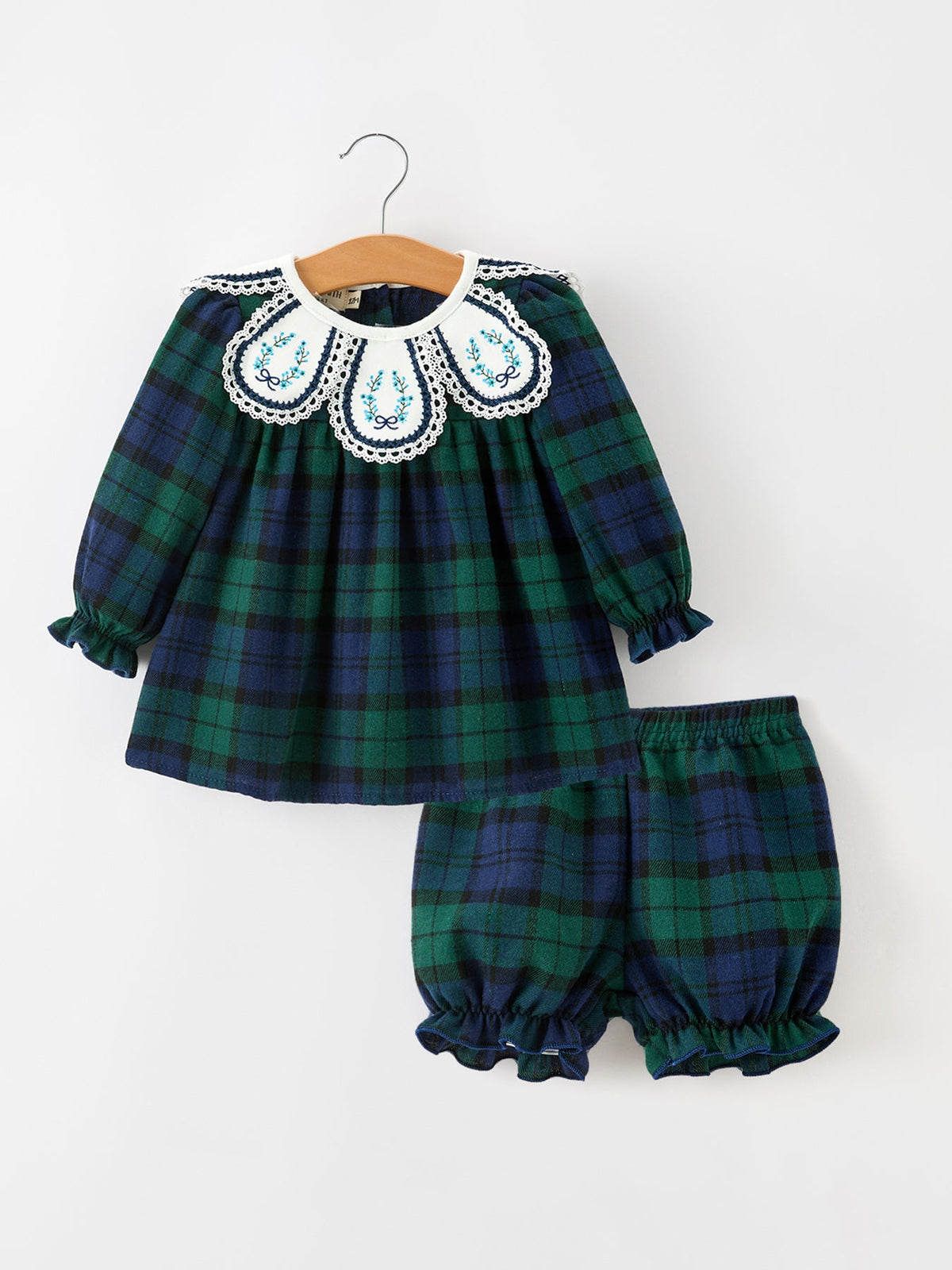 Christmas Girls Green & Navy Plaid Embroidered Bloomer Set