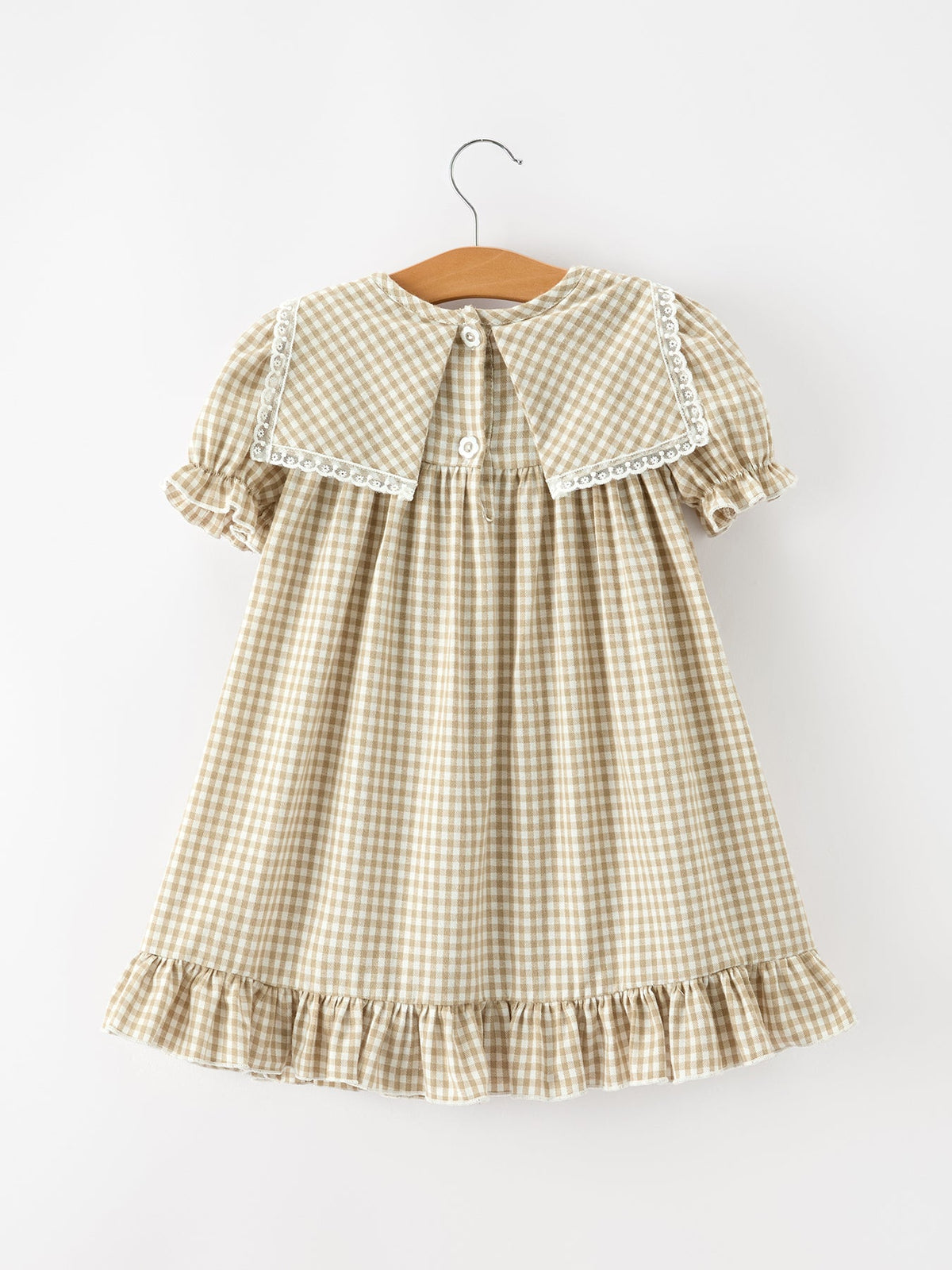 Fall Girls Khaki Plaid Floral Embroidered Dress