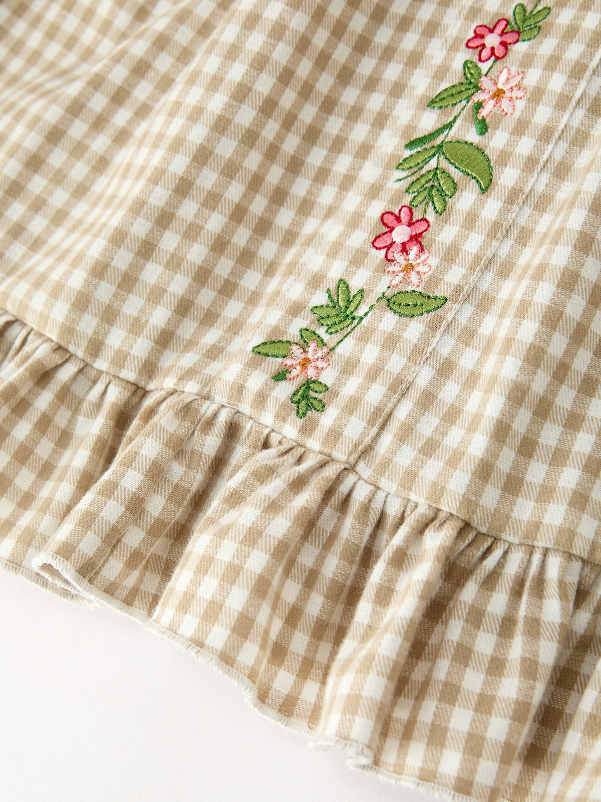 Fall Girls Khaki Plaid Floral Embroidered Dress