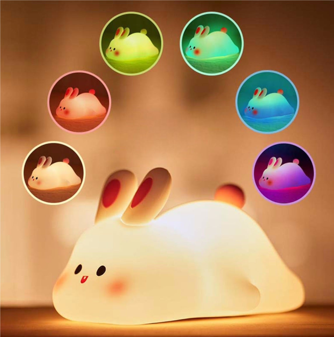 Cute LED Night Light Touch Sensor Cartoon Kid's Nightlights Big Face Rabbit Silicone Night Light Christmas Gift Bedside Lamp Home Decor