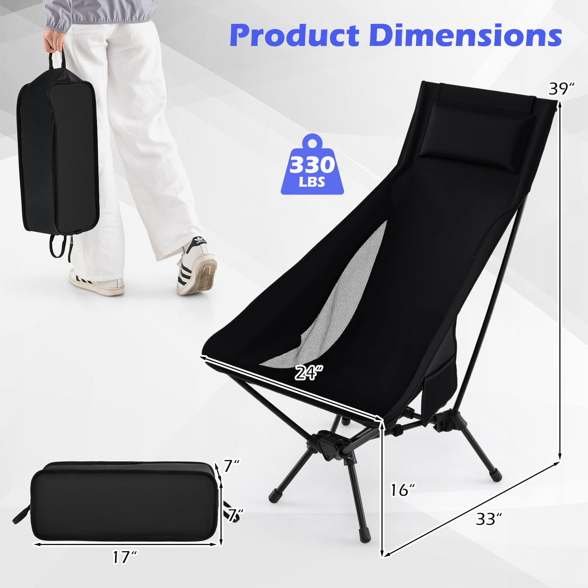 Silla de Camping Portátil de Respaldo Alto con Bolsa de Transporte Compacta y Almohada - Negra