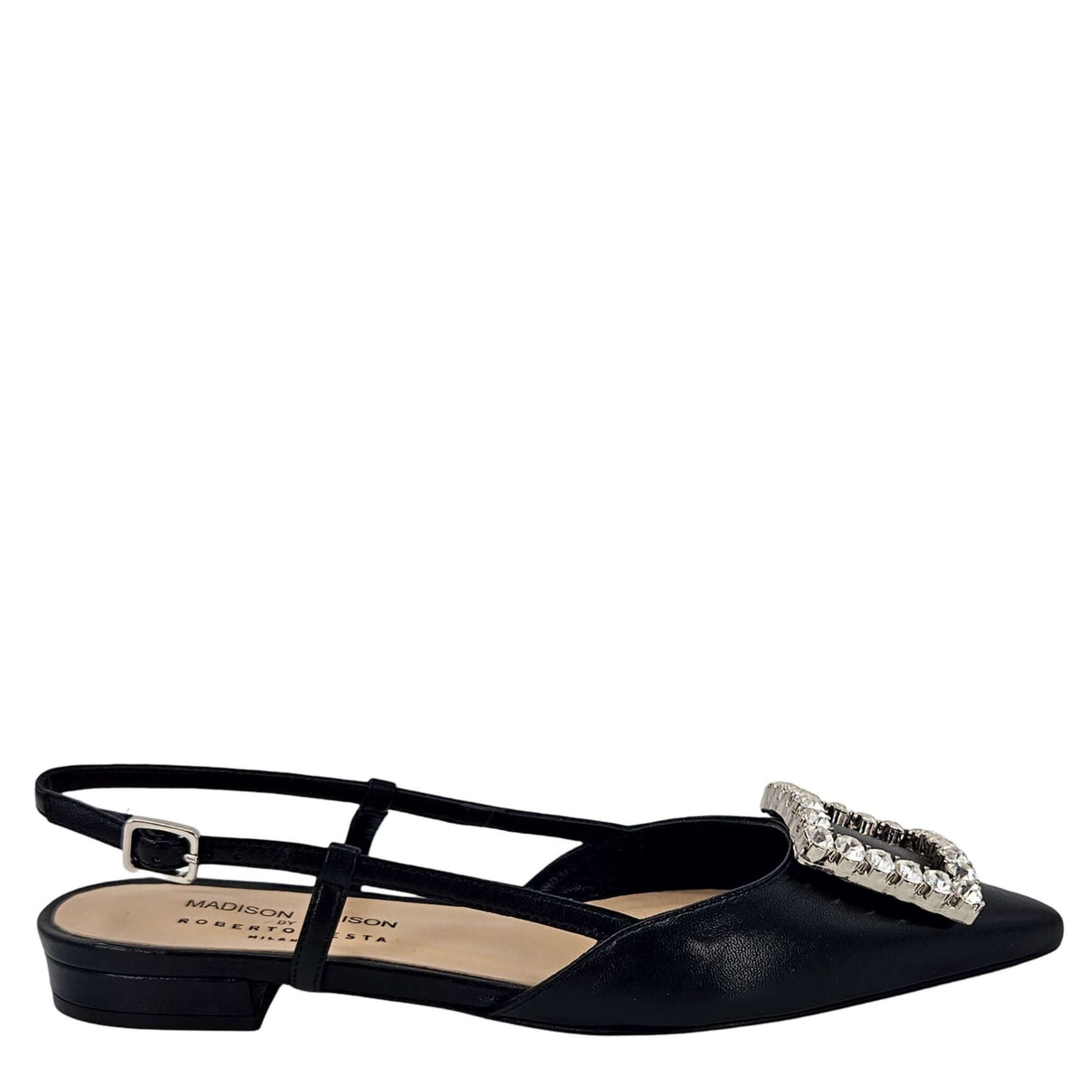 Black Leather Lavanda Sling Back Flat