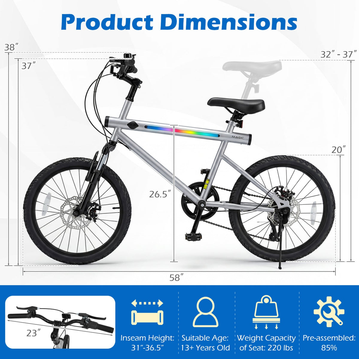 20 Inch Commuter Bicycle LED-lit with 6-Speed Shimano Twist Shifting and Stereo Speakers