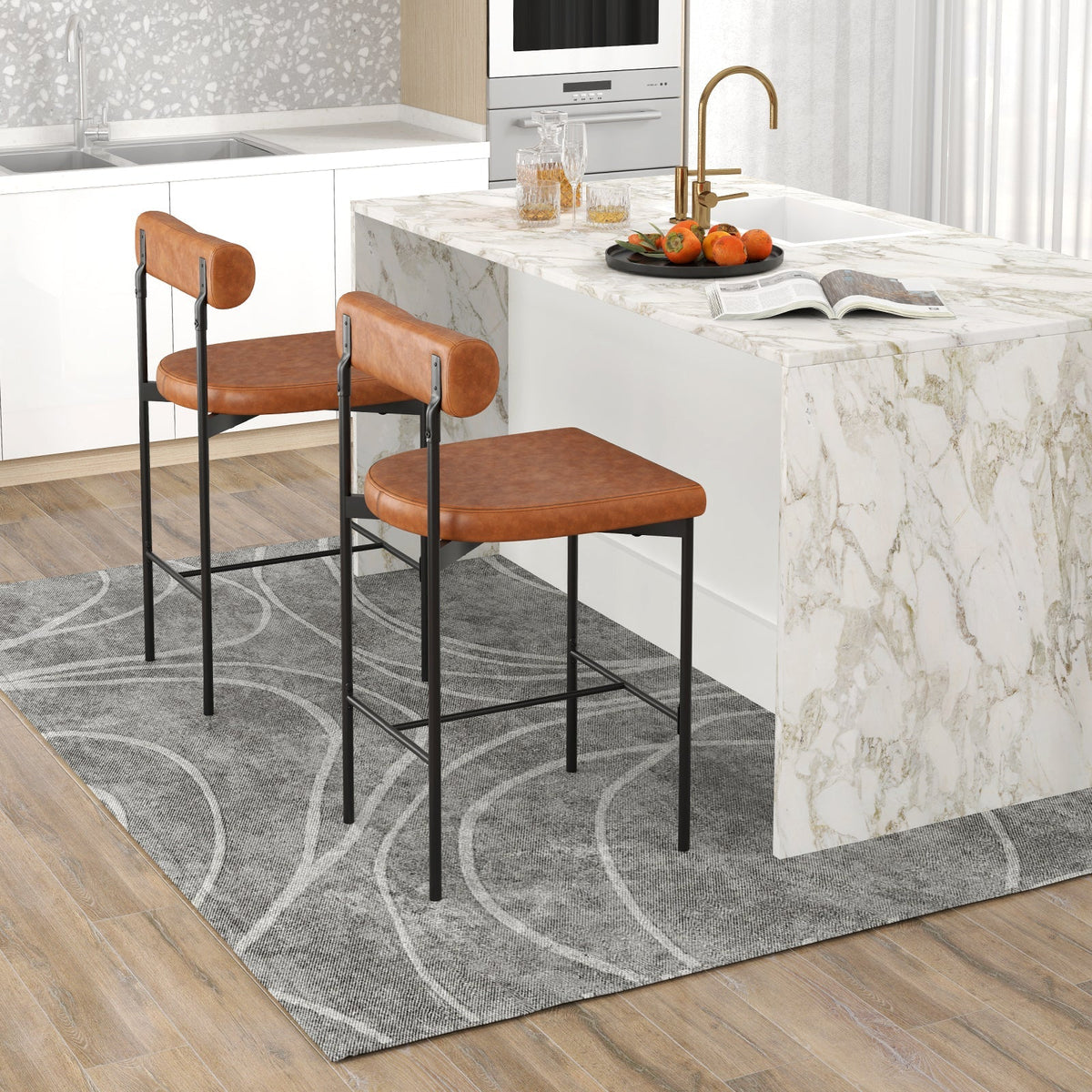 26 Inch Upholstered Bar Stools Set of 2 Counter Height Bar Chairs with Backrest