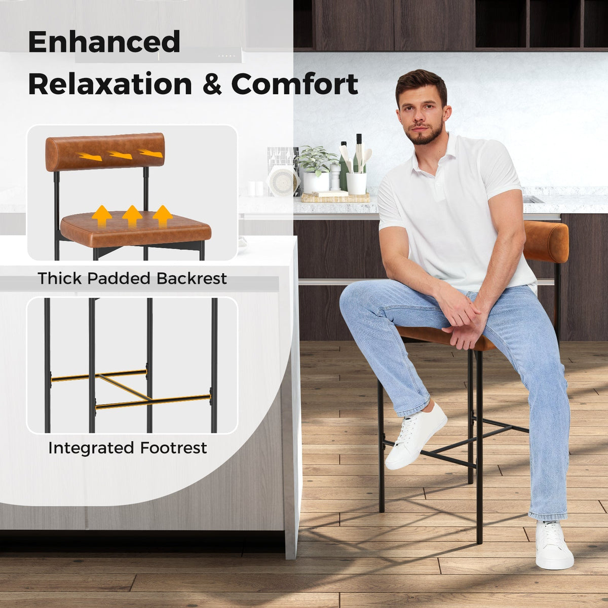 26 Inch Upholstered Bar Stools Set of 2 Counter Height Bar Chairs with Backrest