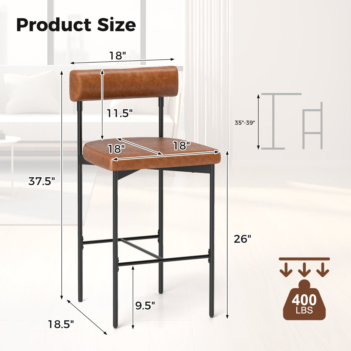 26 Inch Upholstered Bar Stools Set of 2 Counter Height Bar Chairs with Backrest