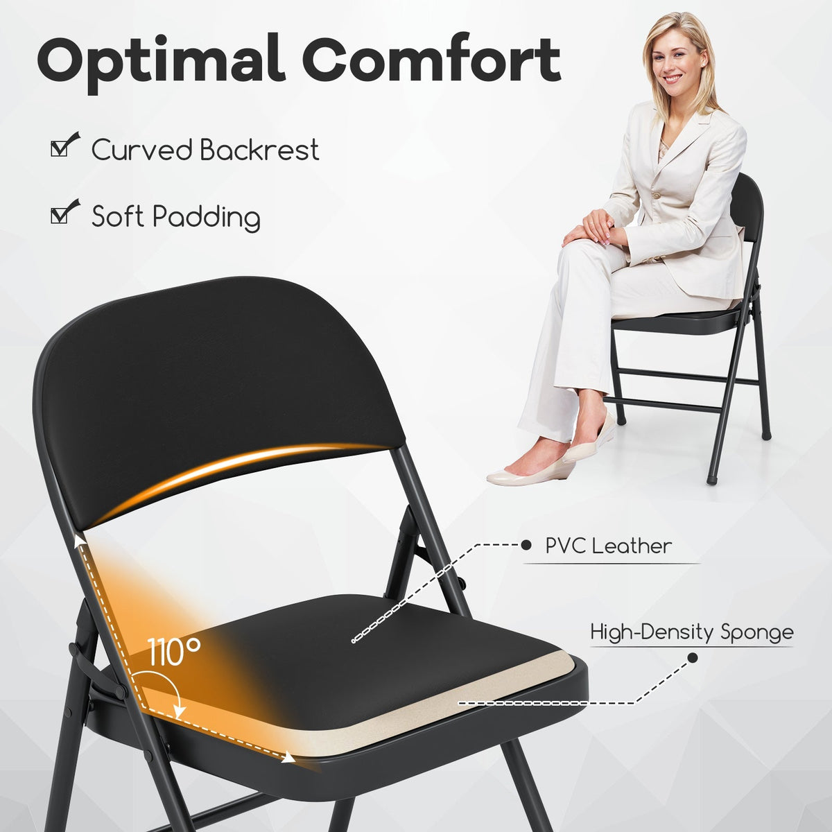 2 Pack Folding Chairs with Metal Frame and PVC Leather for Indoor Outdoor-Black