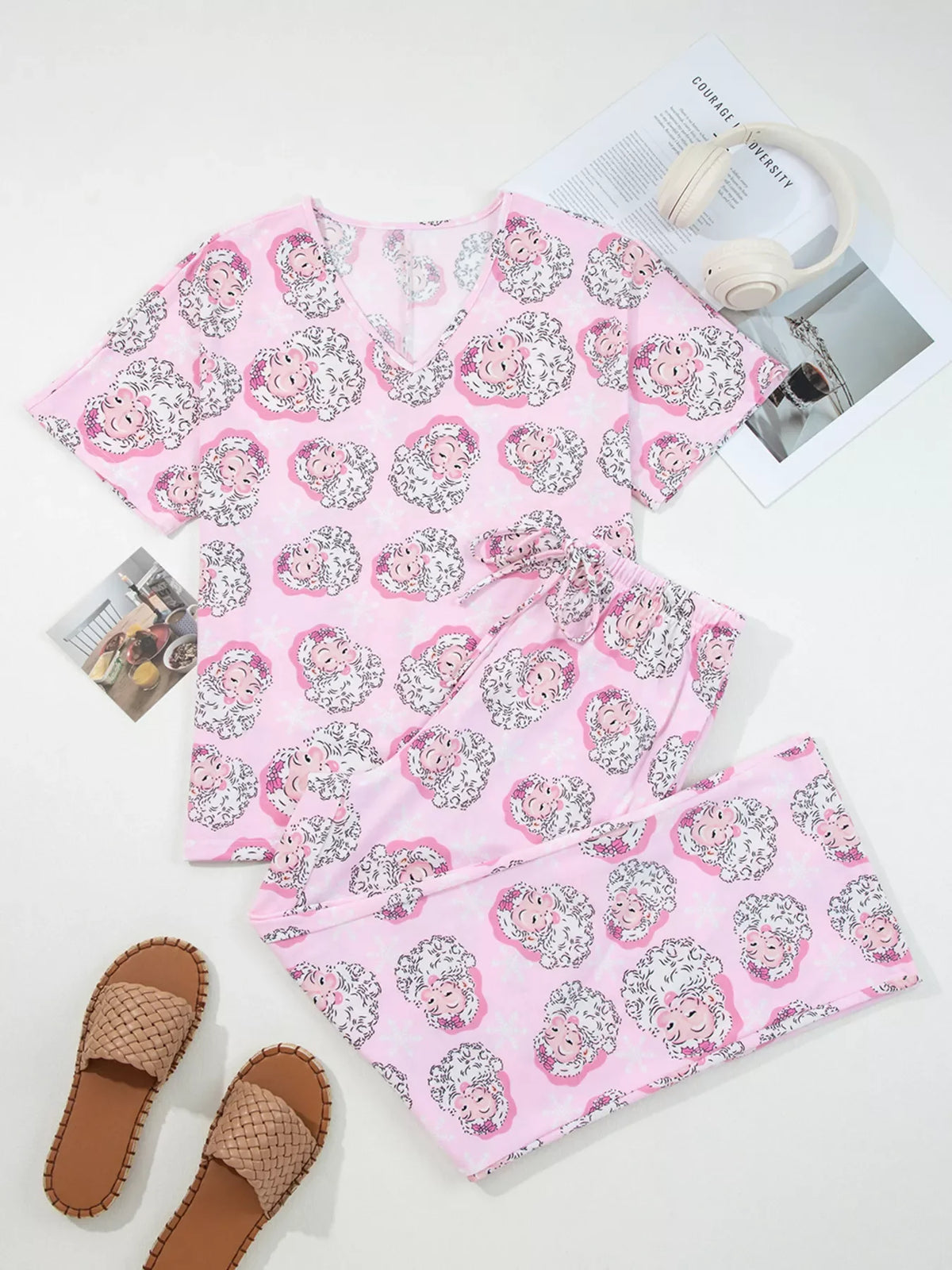 Santa Claus Print V Neck Tee Drawstring Pants 2pcs Lounge Set