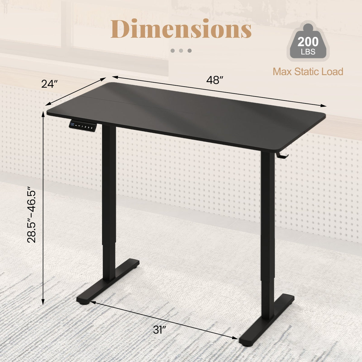 48 Inch x 24 Inch Ergonomic Electric Standing Desk with 3 Memory Settings for Home Office