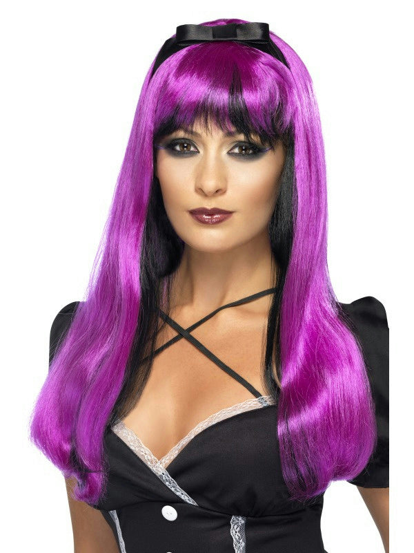 Bewitching Fuchsia Pink Over Black Two Tone Womens Costume Wig with Headband