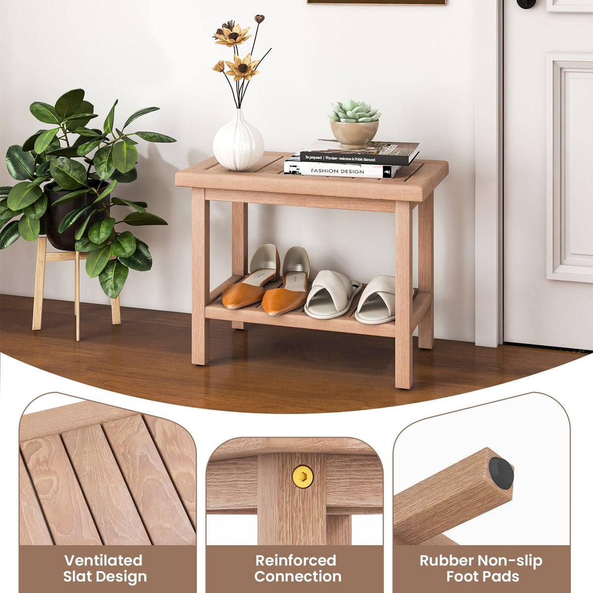 21 Inches Teak Shower Bench with Storage Shelf