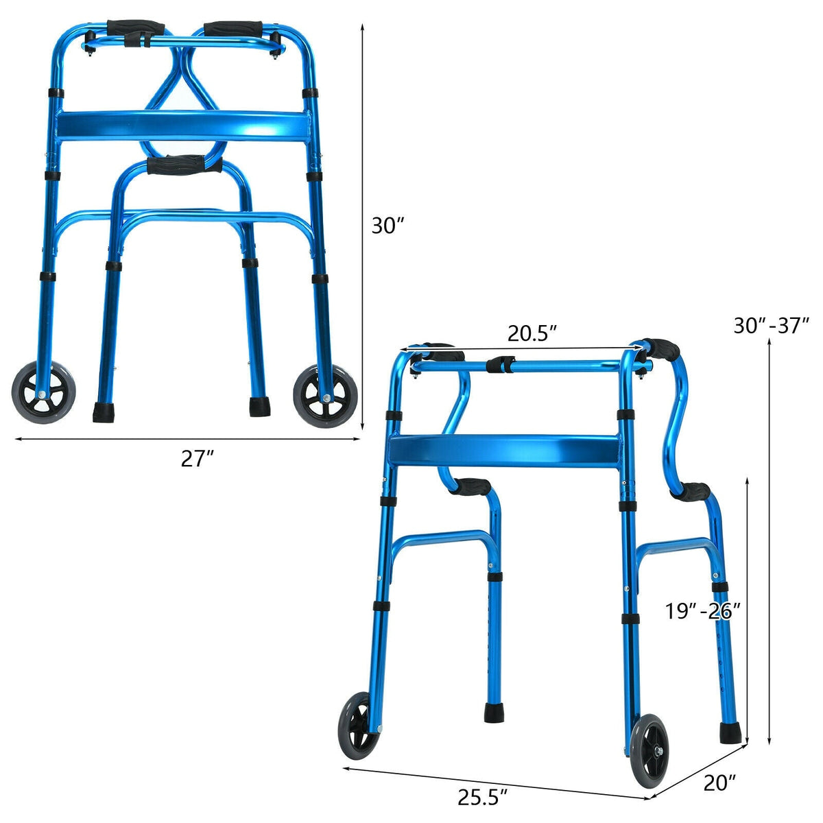 Adjustable Heavy-Duty Folding Walker with Unidirectional Wheels and Bi-Level Armrests-Black