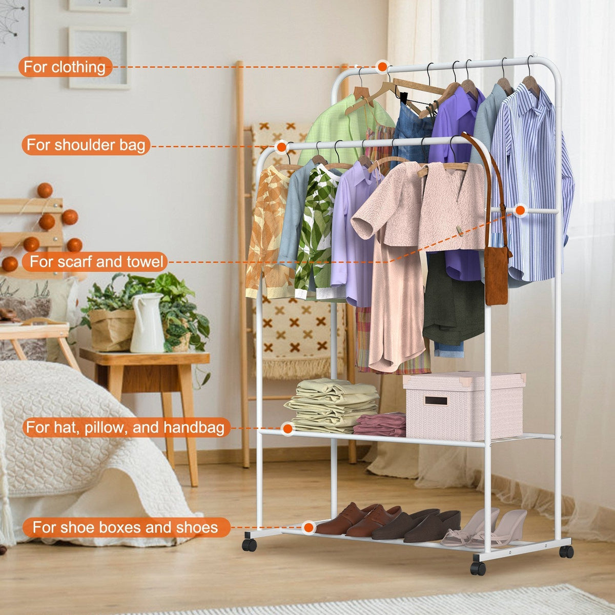Garment Hanging Rack Clothing Hanging Rail Pillow Shoe Display Organizer Stand Rolling Wheel Clothes Organizer