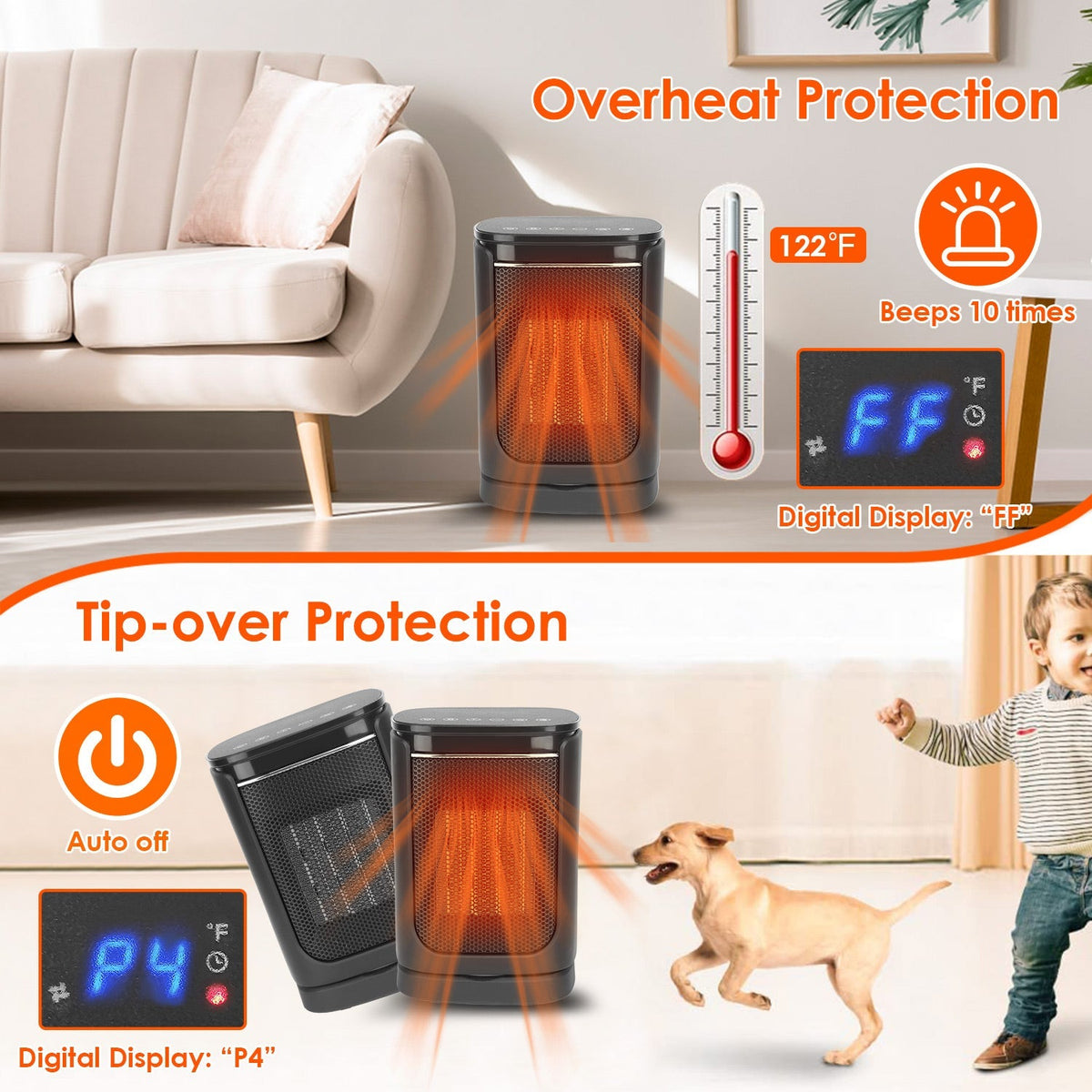 1500W Electric Space Heater Ceramic Heater Fan 90¼Oscillating Heating Fan with 3 Modes Remote Control Digital Display Tip-over Overheating Protection
