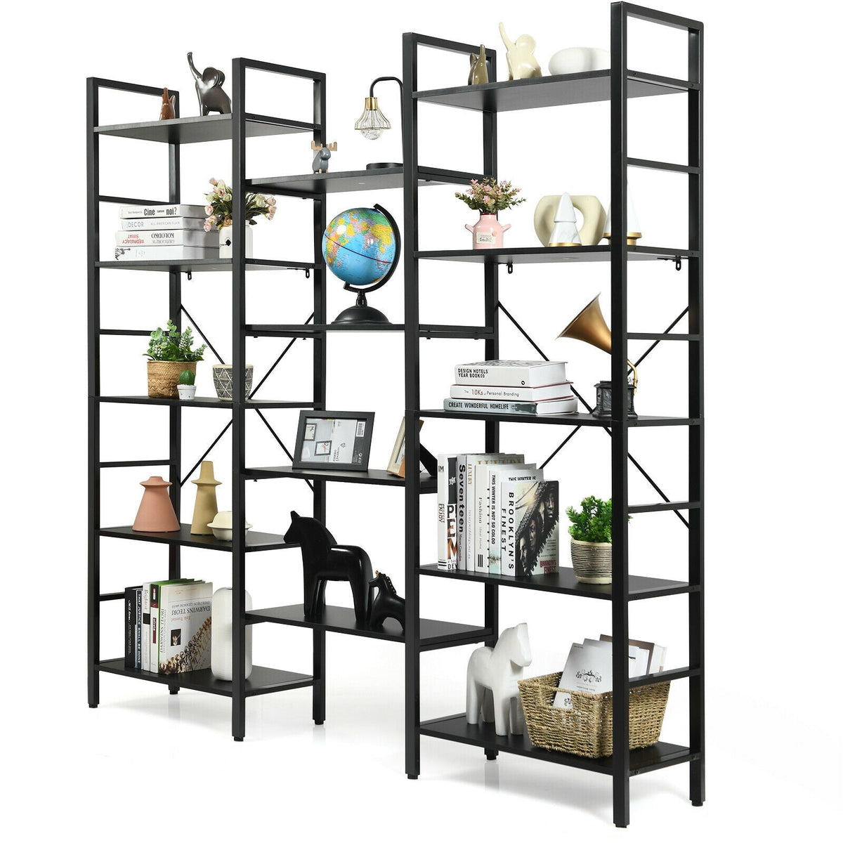 Vintage Triple Wide 5-Tier Bookcase Large Bookshelf Display Storage Shelf