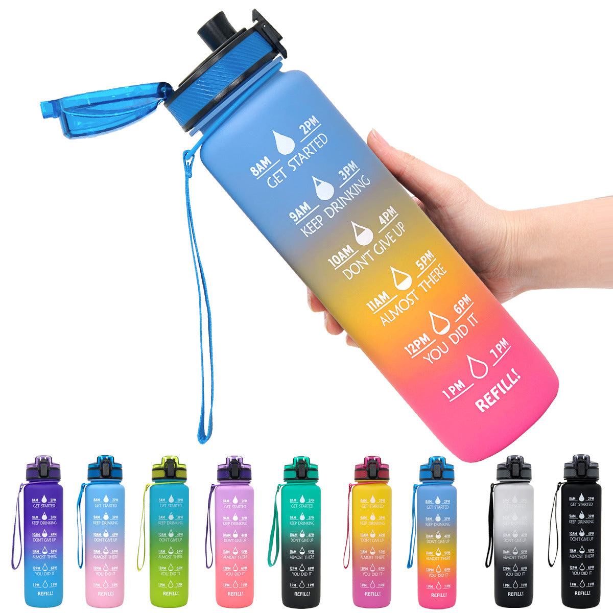 Botella de agua Tritan de 1L con marcador de tiempo, tapa rebotante, botella motivacional, taza a prueba de fugas para ciclismo, botellas para deportes y fitness.