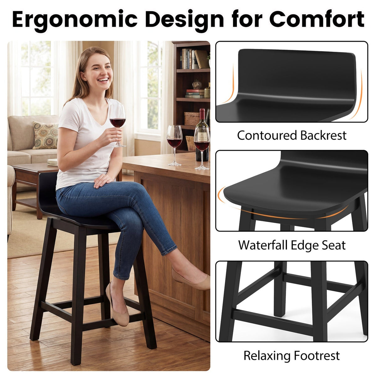 24.5 Inch Swivel Wooden Bar Stools Set of 4 with Rubber Wood Legs and Low Back