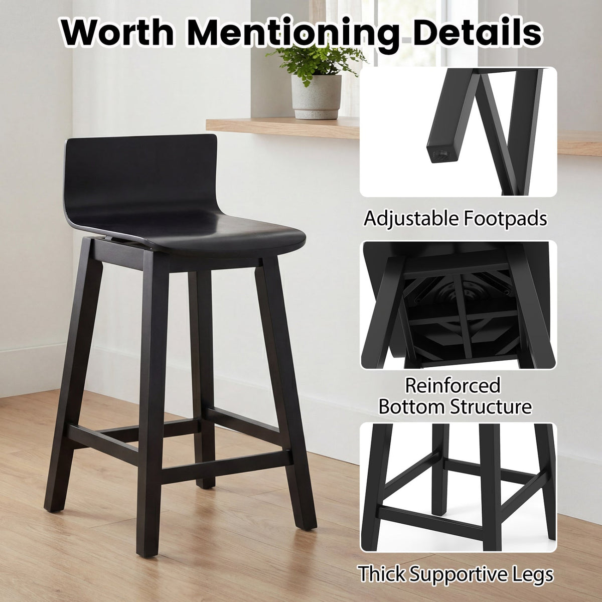 24.5 Inch Swivel Wooden Bar Stools Set of 4 with Rubber Wood Legs and Low Back