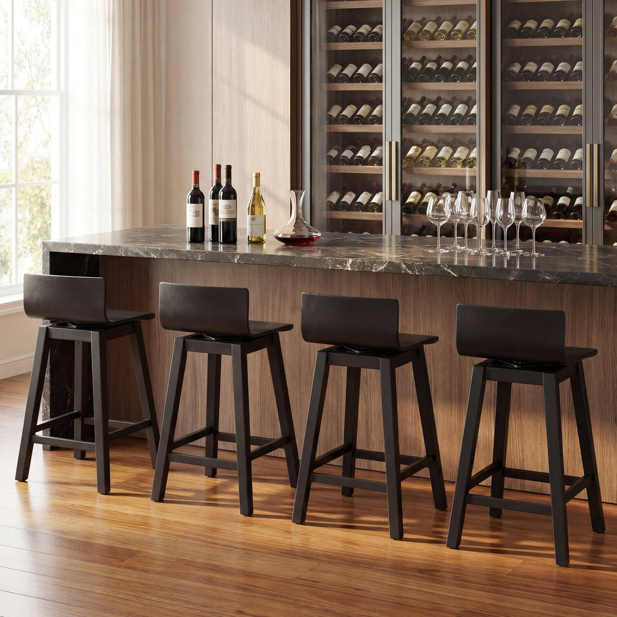 24.5 Inch Swivel Wooden Bar Stools Set of 4 with Rubber Wood Legs and Low Back