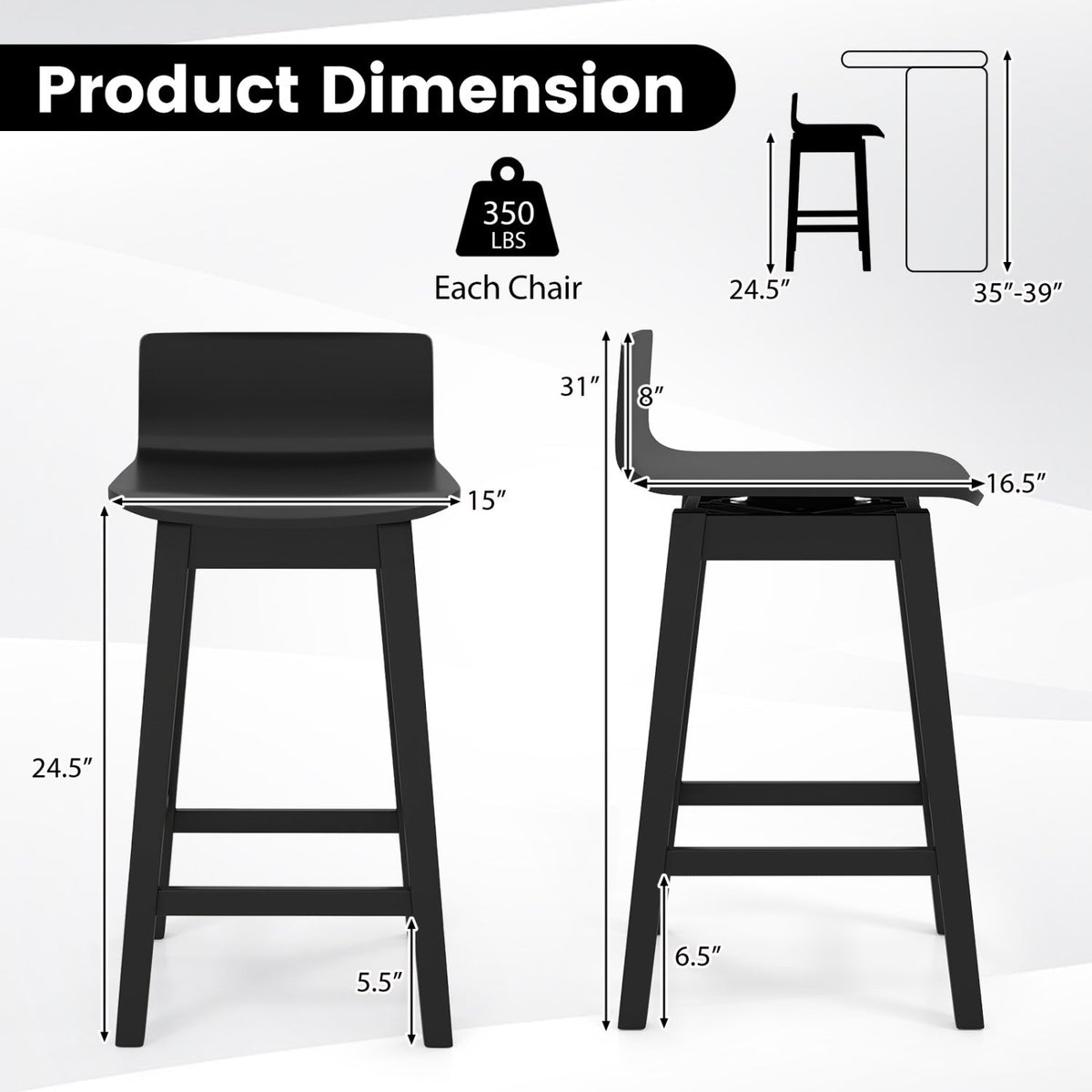 24.5 Inch Swivel Wooden Bar Stools Set of 4 with Rubber Wood Legs and Low Back