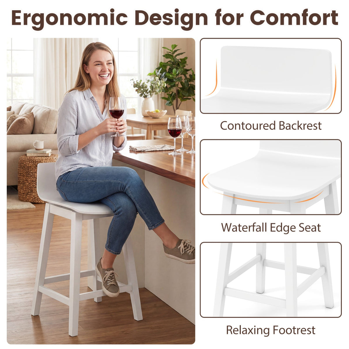 24.5 Inch Swivel Wooden Bar Stools Set of 4 with Rubber Wood Legs and Low Back