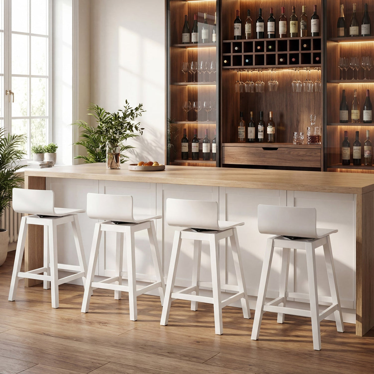 24.5 Inch Swivel Wooden Bar Stools Set of 4 with Rubber Wood Legs and Low Back