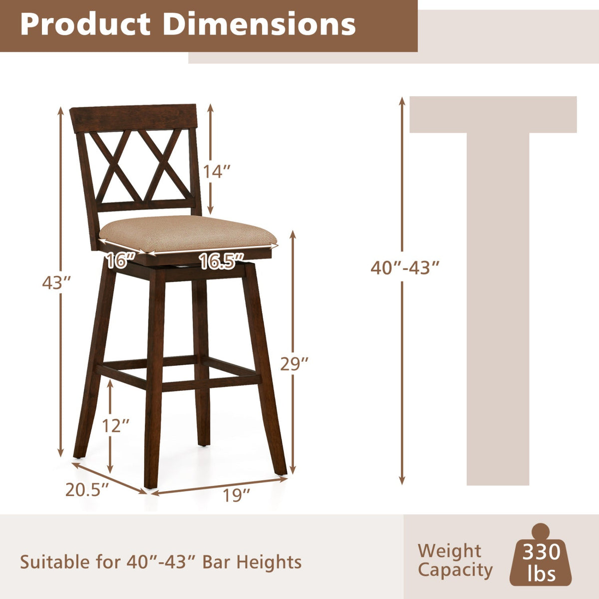 24 Inch Counter Height Barstools Set of 4 with Backrest and Upholstered Seat Cushion