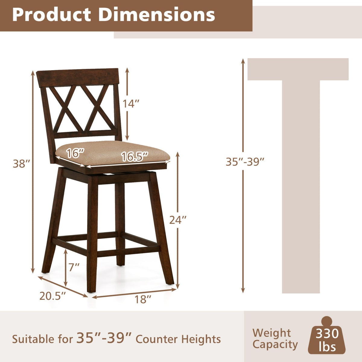 24 Inch Counter Height Barstools Set of 4 with Backrest and Upholstered Seat Cushion