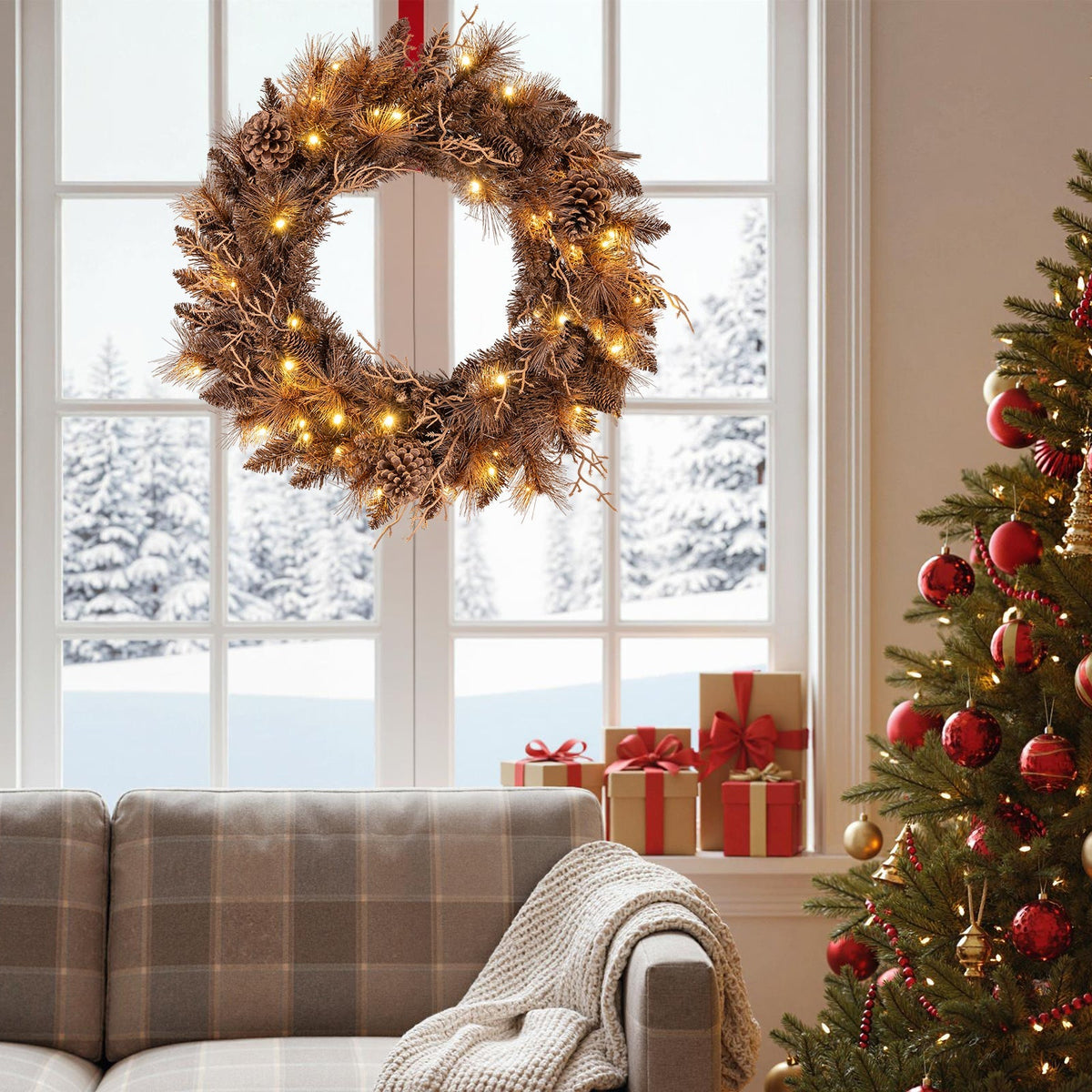 24 Inch Pre-lit Christmas Wreath with 105 Branch Tips and 35 Warm White LED Lights