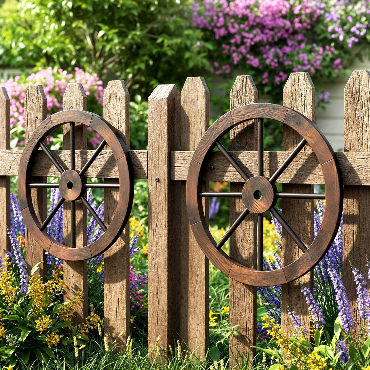24 Inch Set of 4 Decorative Wooden Wagon Wheel Carbonized Solid Fir Wood