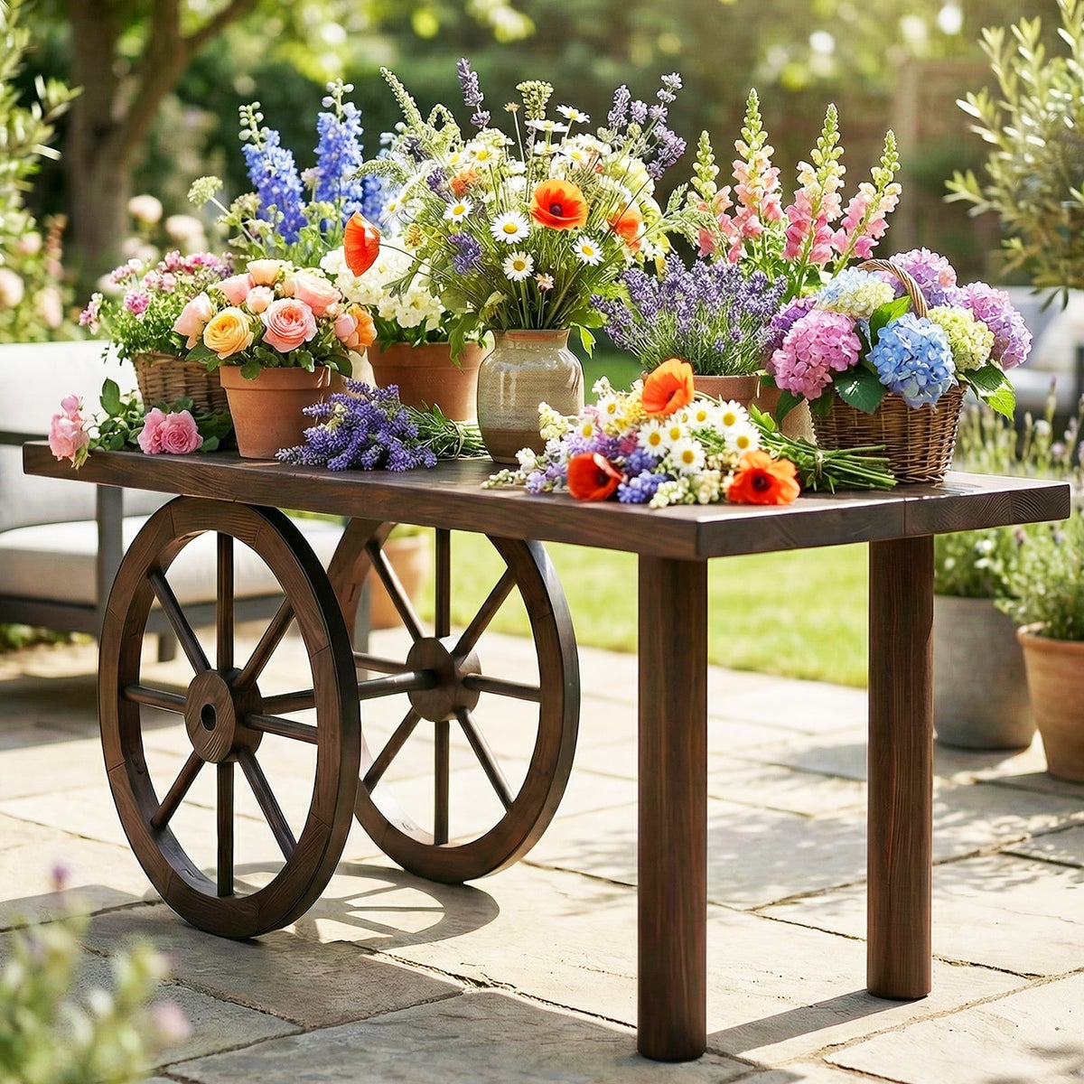 24 Inch Set of 4 Decorative Wooden Wagon Wheel Carbonized Solid Fir Wood