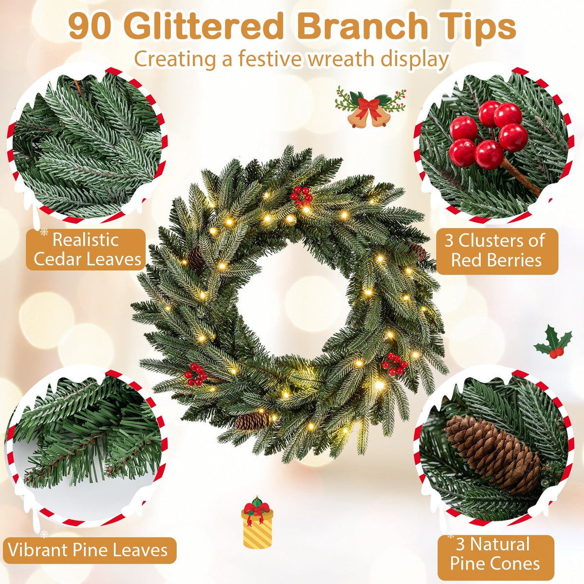 24‚Äù Pre-lit Christmas Wreath Set of 2 Front Door Artificial Xmas Wreath with 90 Frosted Branch Tips