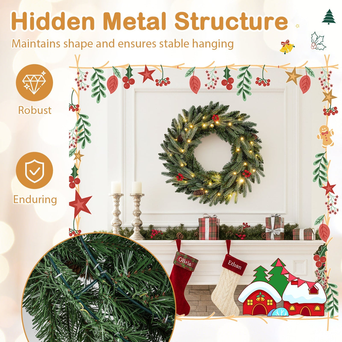 24‚Äù Pre-lit Christmas Wreath Set of 2 Front Door Artificial Xmas Wreath with 90 Frosted Branch Tips