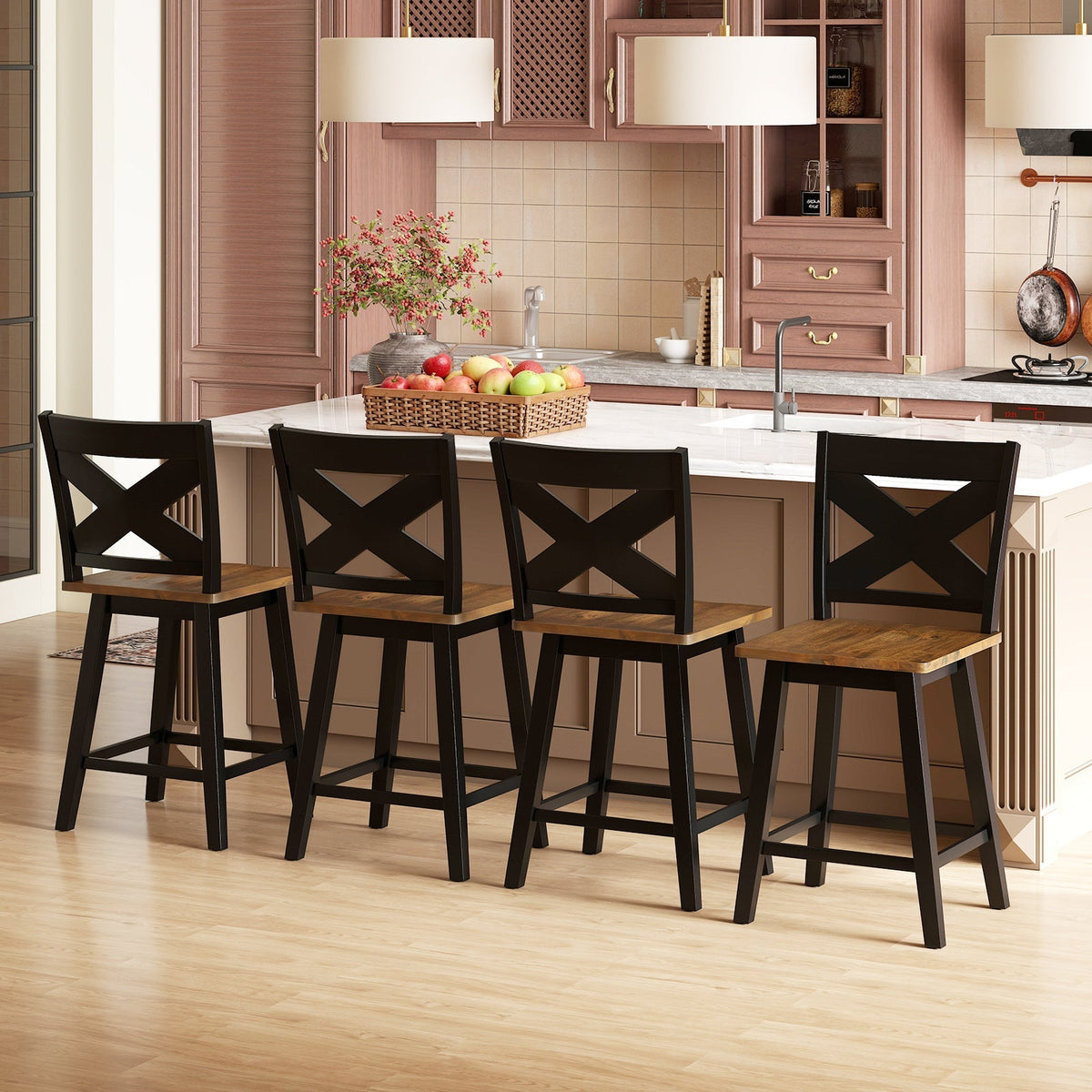 24" Rubberwood Swivel Barstools Set of 4 with Backrest and Large Seat
