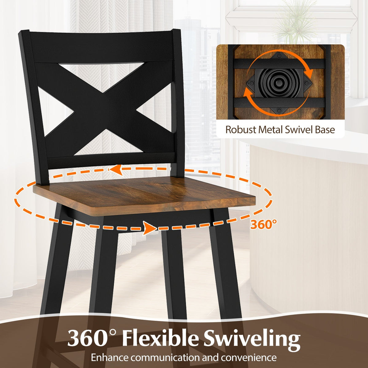 24" Rubberwood Swivel Barstools Set of 4 with Backrest and Large Seat