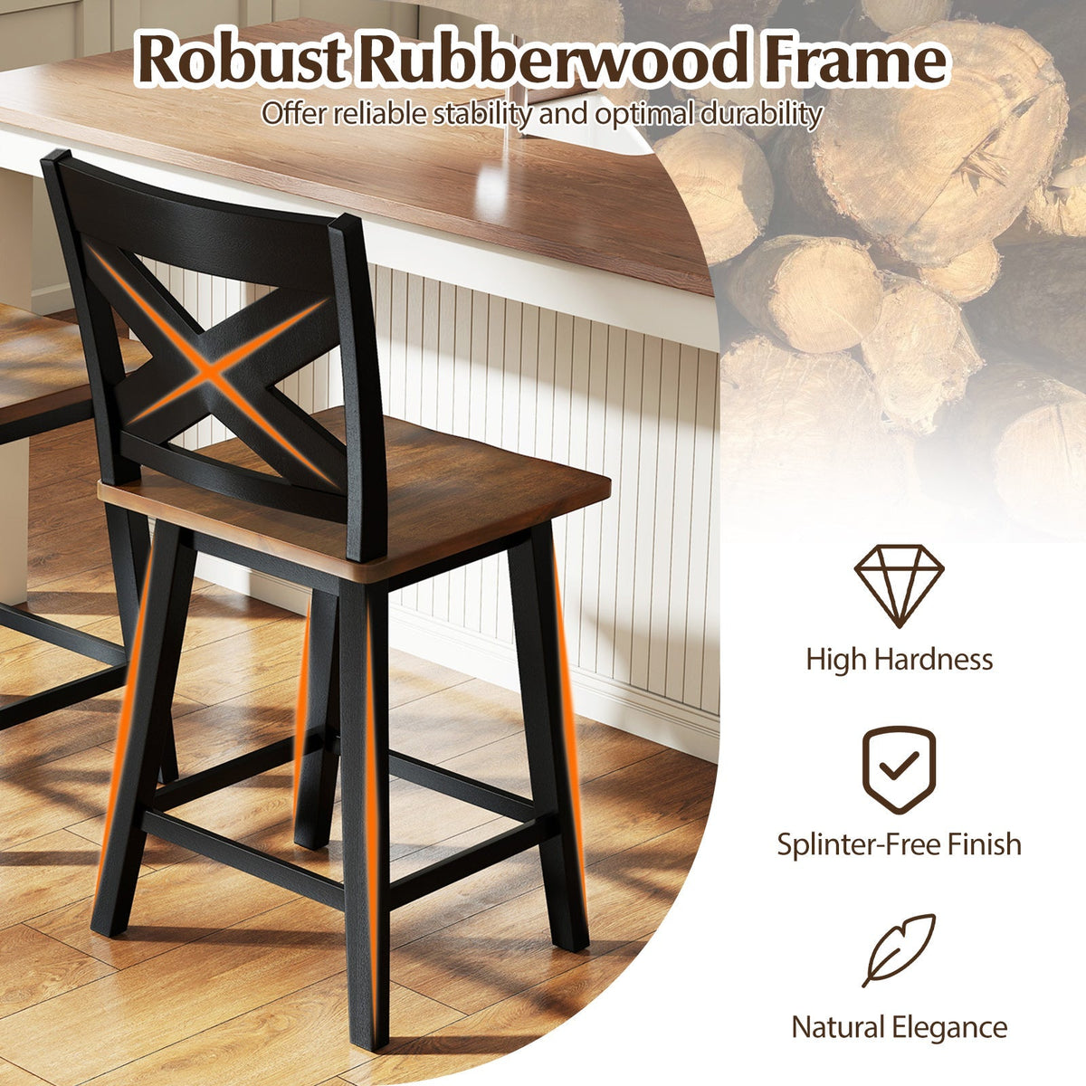 24" Rubberwood Swivel Barstools Set of 4 with Backrest and Large Seat