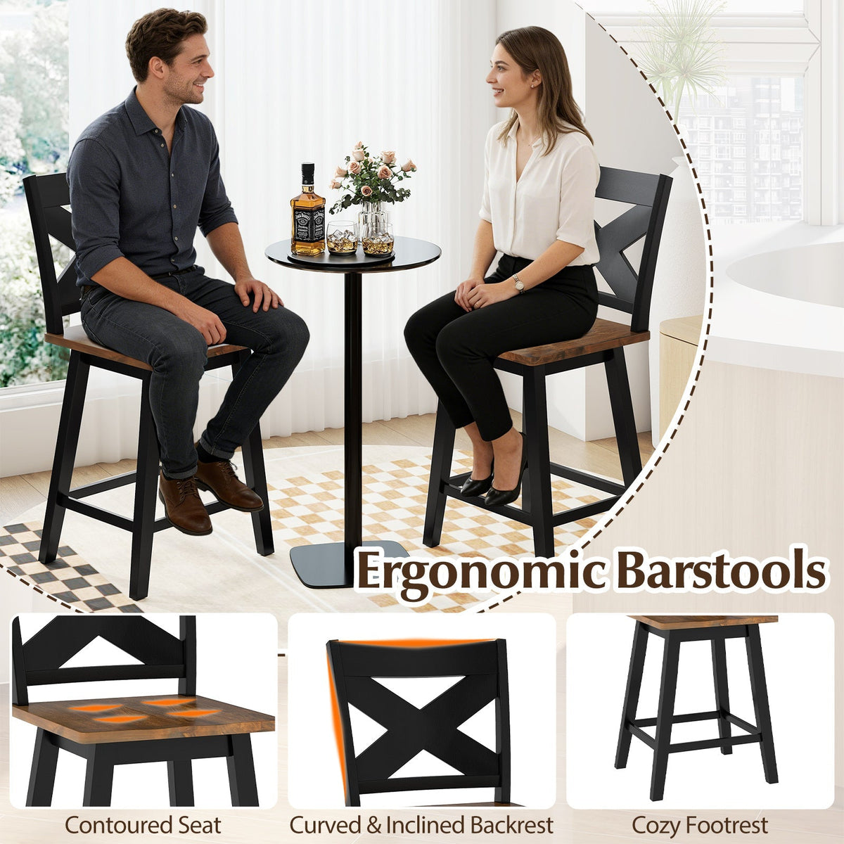 24" Rubberwood Swivel Barstools Set of 4 with Backrest and Large Seat